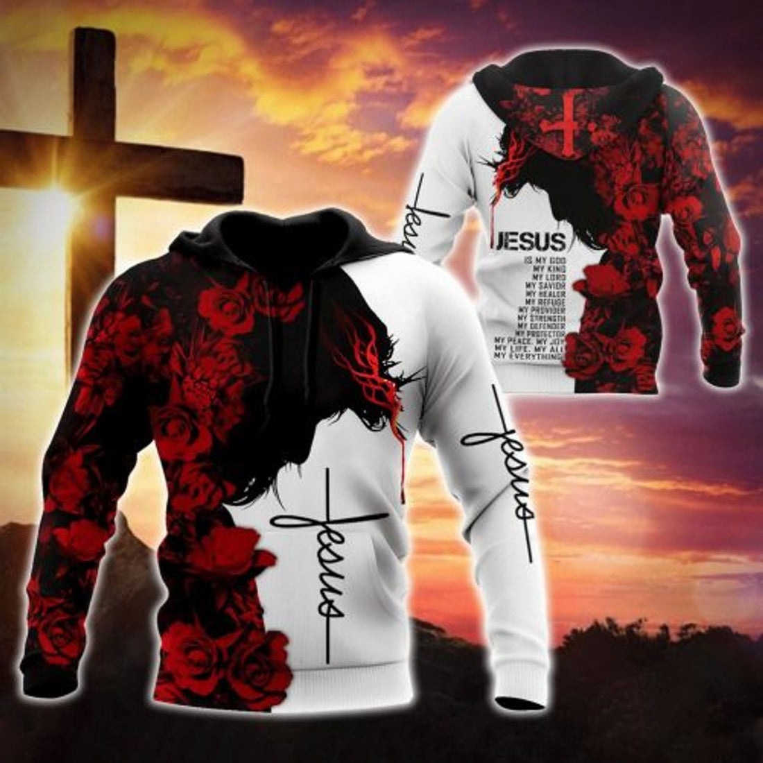 FUNSTUFFPRINT Christian All Over 3D Hoodie Jesus Is My Healer Jesus Christ With Roses 3D Hoodie and Zip Hoodie
