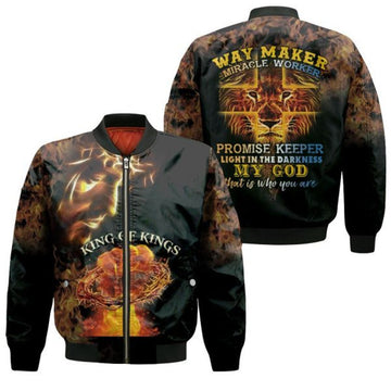 FUNSTUFFPRINTI Jesus King Of Kings Way Maker Miracle Worker Lion 3D Printed T Shirt Bomber Jacket