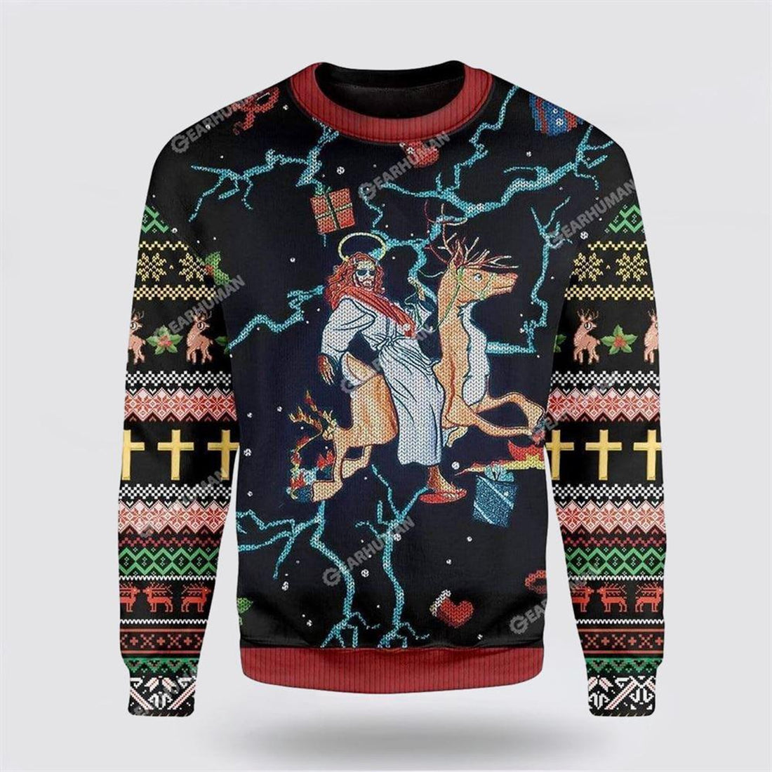 FUNSTUFFPRINT Jesus Riding Reindeer Black Christmas Ugly Christmas Sweater For Men & Women – Gifts For Christians Ugly  Sweater