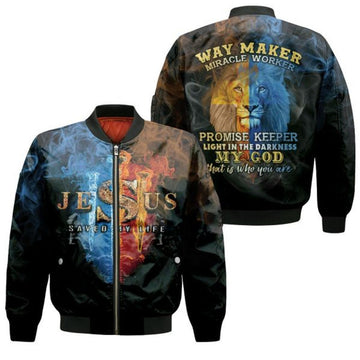 FUNSTUFFPRINTI Jesus Save My Life Way Maker Miracle Worker Promise Keeper Light In The Darkness My God That Is Who You Are 3D Bomber Jacket