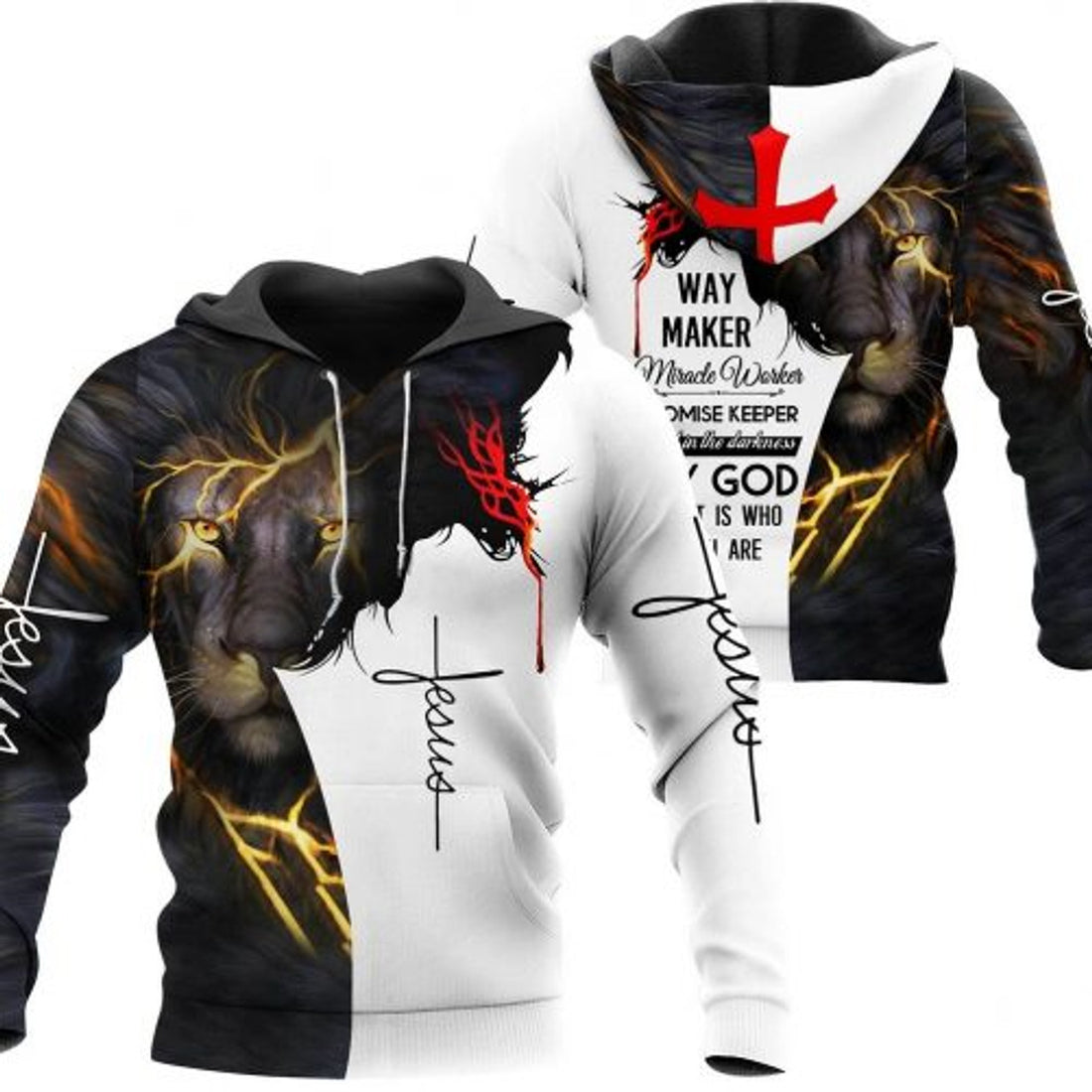 FUNSTUFFPRINT Way Maker Miracle Worker Promise Keeper Jesus & Lion 3D Hoodie and Zip Hoodie