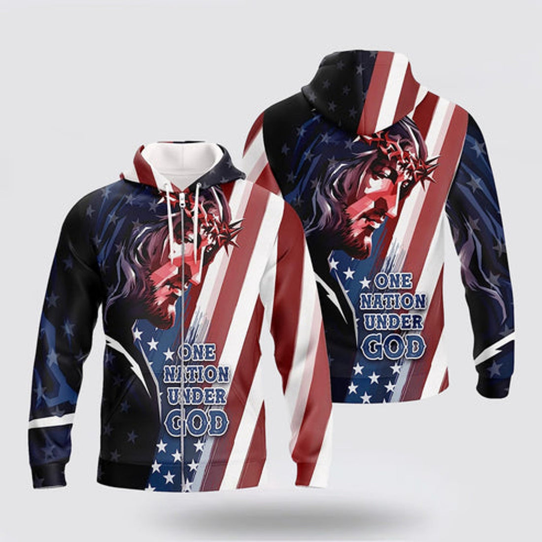 FUNSTUFFPRINT 3D Jesus And American Flag One Nation Under God 3D Hoodie and Zip Hoodie