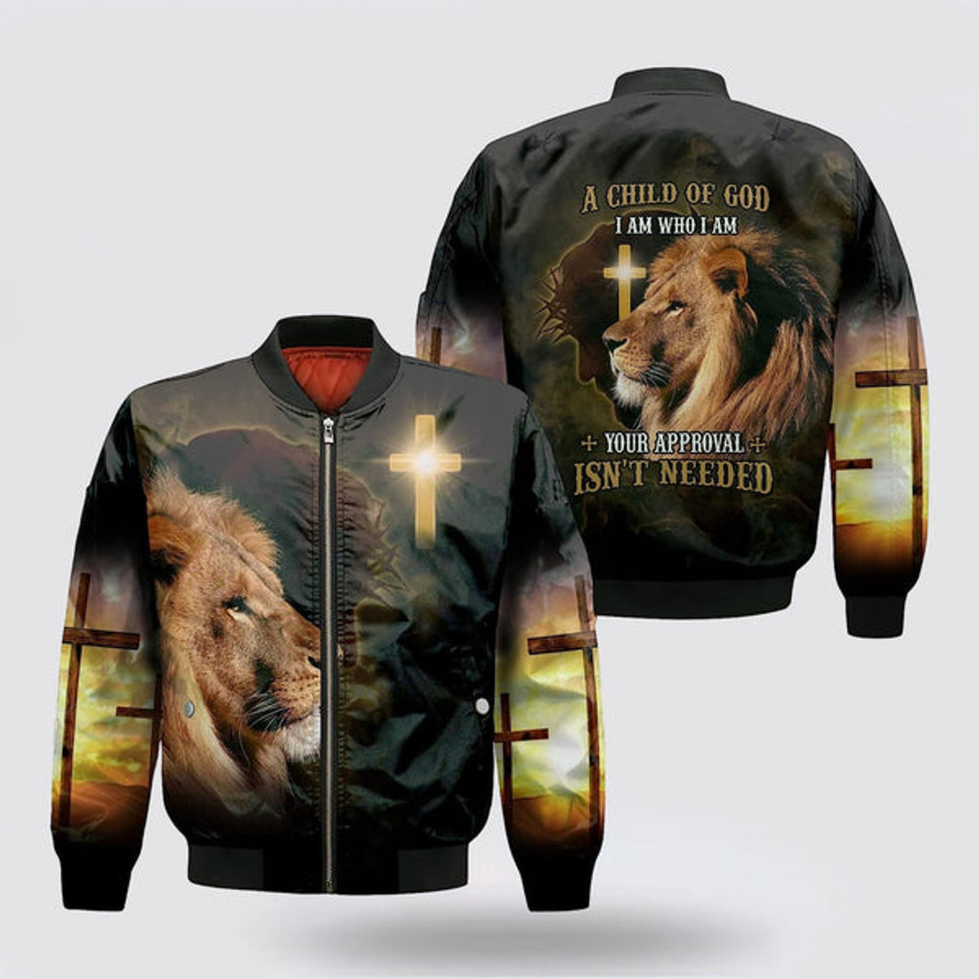 FUNSTUFFPRINT Jesus Christ Lion Cross A Child Of God Bomber Jacket - Jesus Shirt for Men Women 3D Bomber Jacket