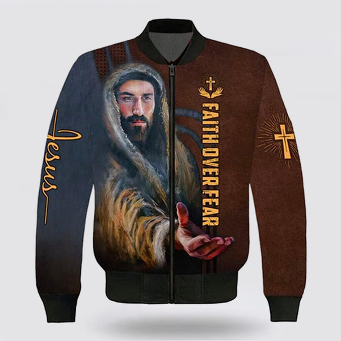 FUNSTUFFPRINT Jesus Christian Faith Over Fear Bomber Jacket - Christian Bomber Shirts for Men and Women 3D Bomber Jacket
