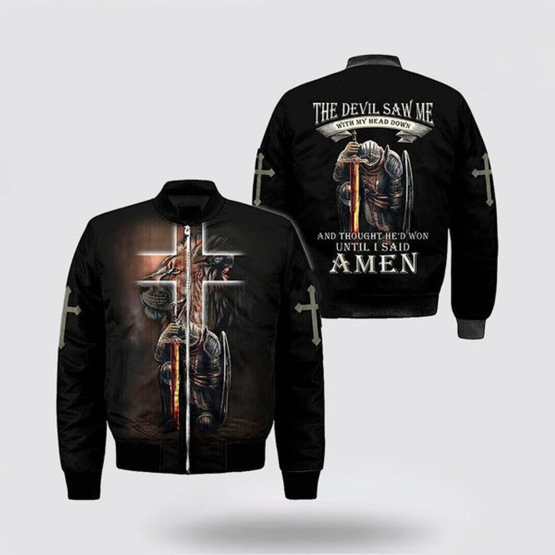 FUNSTUFFPRINT Jesus Cross Lion Of Judah Knight Templar Bomber Jacket - Christian Bomber Shirts for Men and Women 3D Bomber Jacket