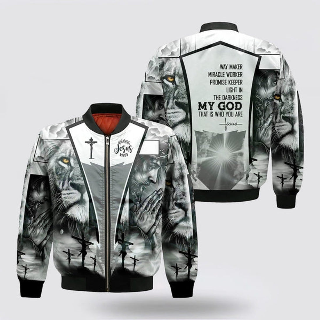 FUNSTUFFPRINT Jesus On The Cross With Lion Bomber Jacket - Jesus Shirt for Men Women 3D Bomber Jacket