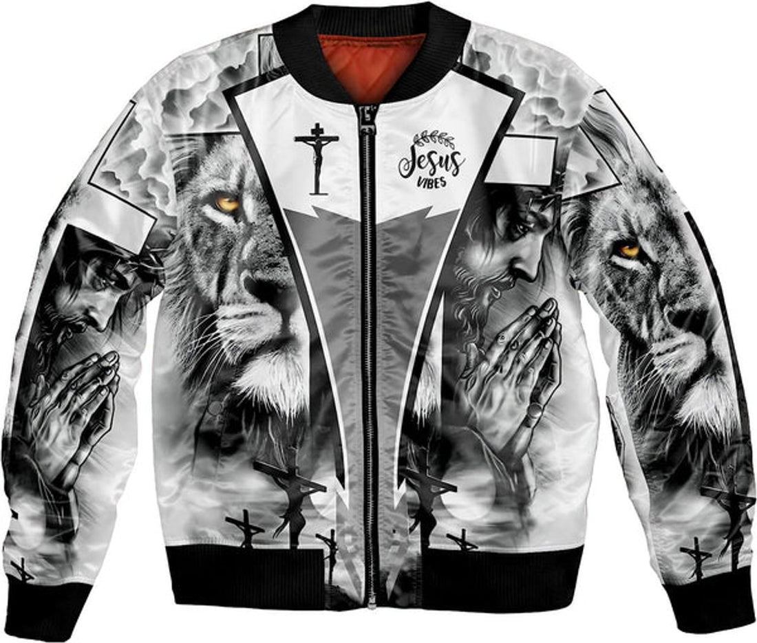 FUNSTUFFPRINT Jesus On The Cross With Lion Bomber Jacket - Jesus Shirt for Men Women 3D Bomber Jacket