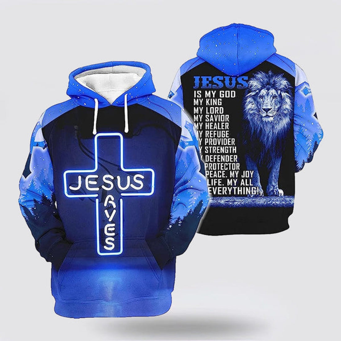 FUNSTUFFPRINT Jesus Save The Lion Blue 3d Hoodies For Women Men - Christian Apparel 3D Hoodie and Zip Hoodie