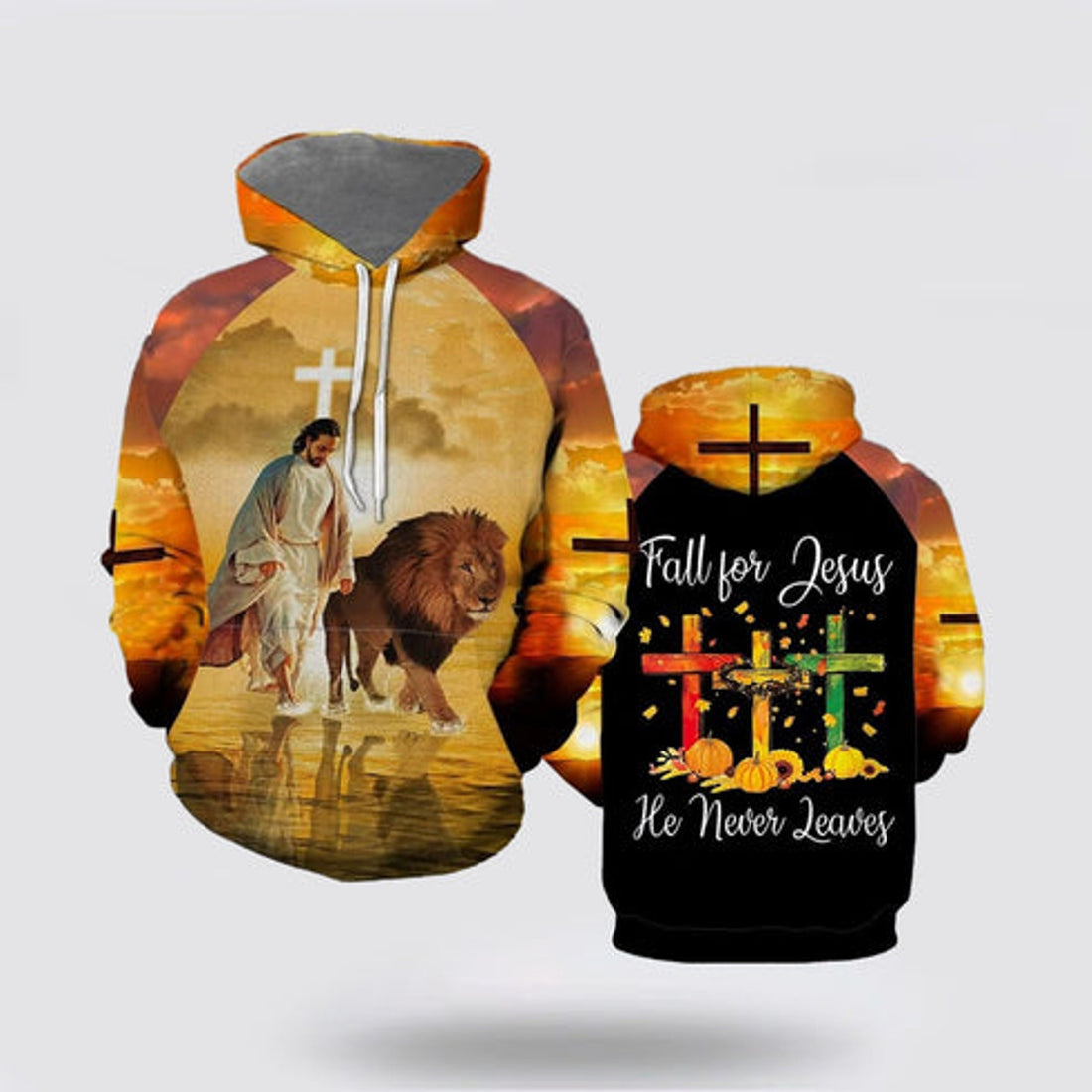 FUNSTUFFPRINT 3D Jesus Walks With Lion Fall For Jesus He Never Leaves 3D Hoodie and Zip Hoodie