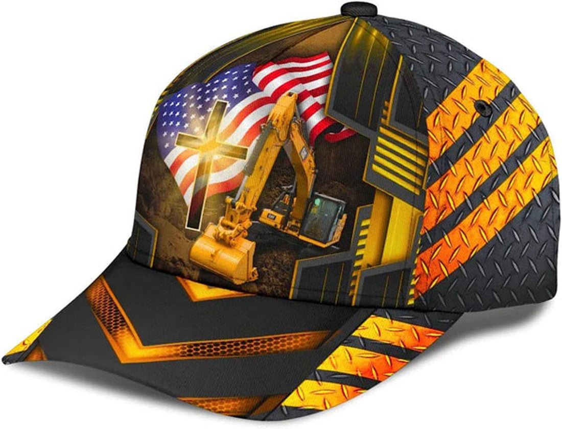 FUNSTUFFPRINT Jesus American Flag Excavator Baseball Cap - Christian Hats for Men and Women