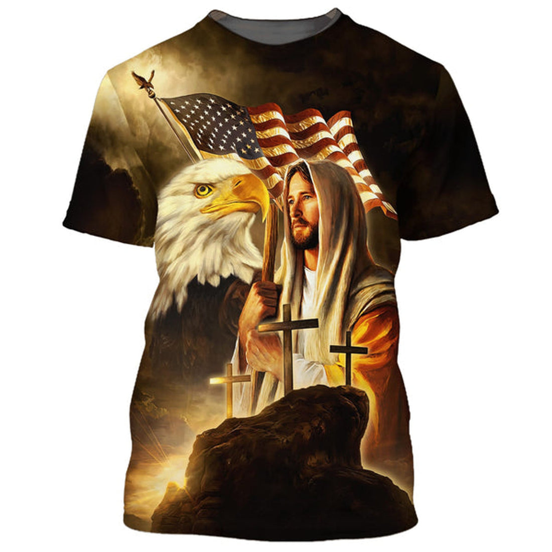 FUNSTUFFPRINT Jesus American Flag With Eagle & Cross 3D All Over Printed Shirt for Men and Women 3D T-shirt