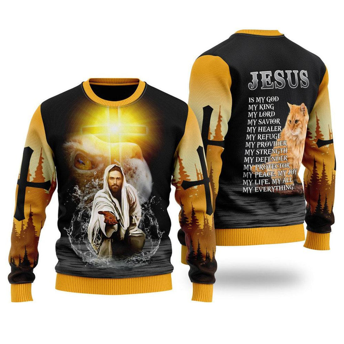FUNSTUFFPRINT Jesus And Cat My Everything Ugly Christmas Sweater For Men & Women – Gifts For Christians Ugly  Sweater