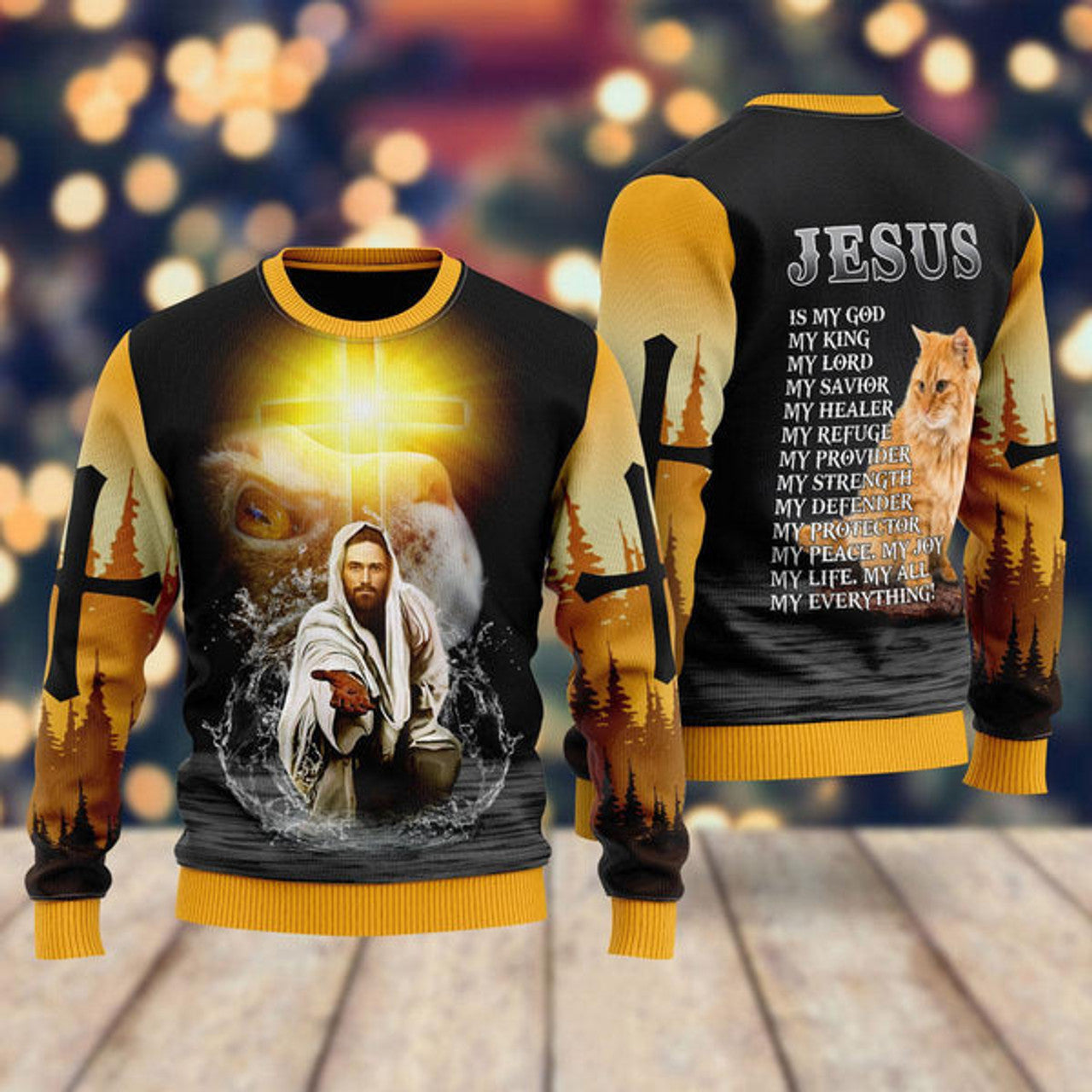 FUNSTUFFPRINT Jesus And Cat My Everything Ugly Christmas Sweater For Men & Women - Jesus Christ Sweater - Christian Shirts Gifts Idea Ugly  Sweater