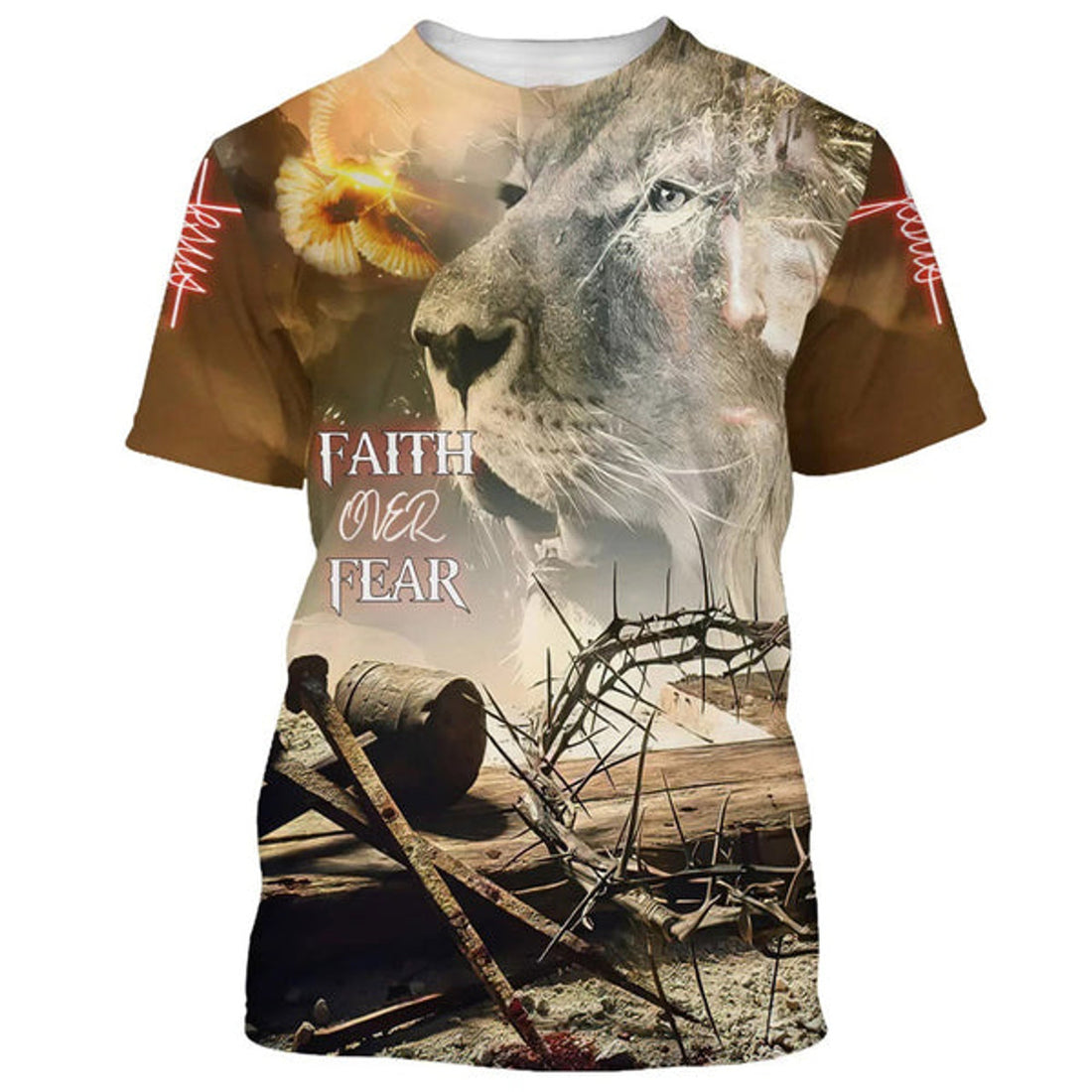 FUNSTUFFPRINT Jesus And Lion Faith Over Fear Christian 3D T-shirt