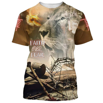 FUNSTUFFPRINT Jesus And Lion Faith Over Fear Christian 3D T-shirt