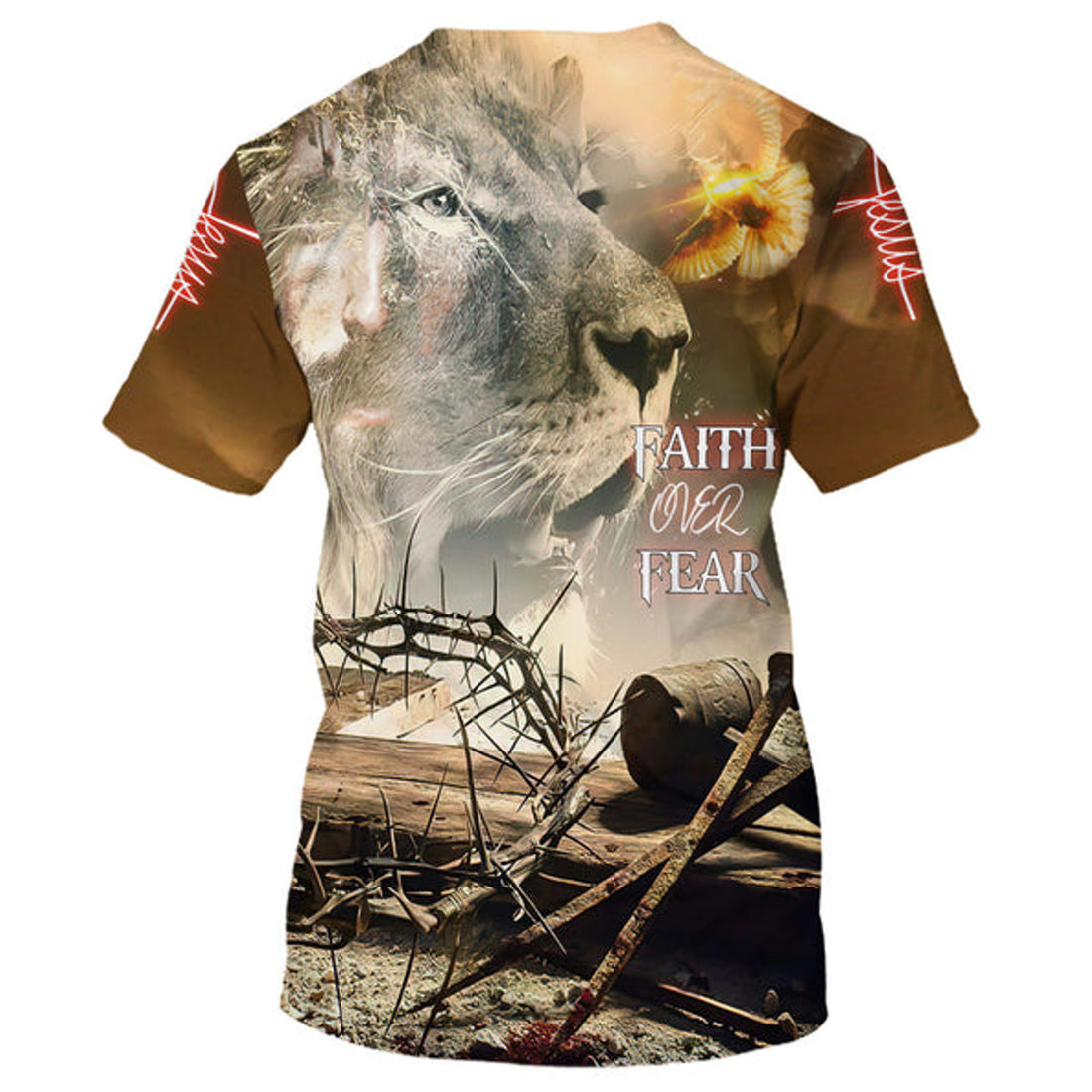 FUNSTUFFPRINT Jesus And Lion Faith Over Fear Christian 3D T-shirt