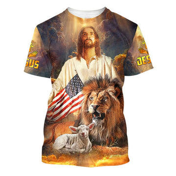 FUNSTUFFPRINT Jesus And Lion Lamb Christian 3D T-shirt