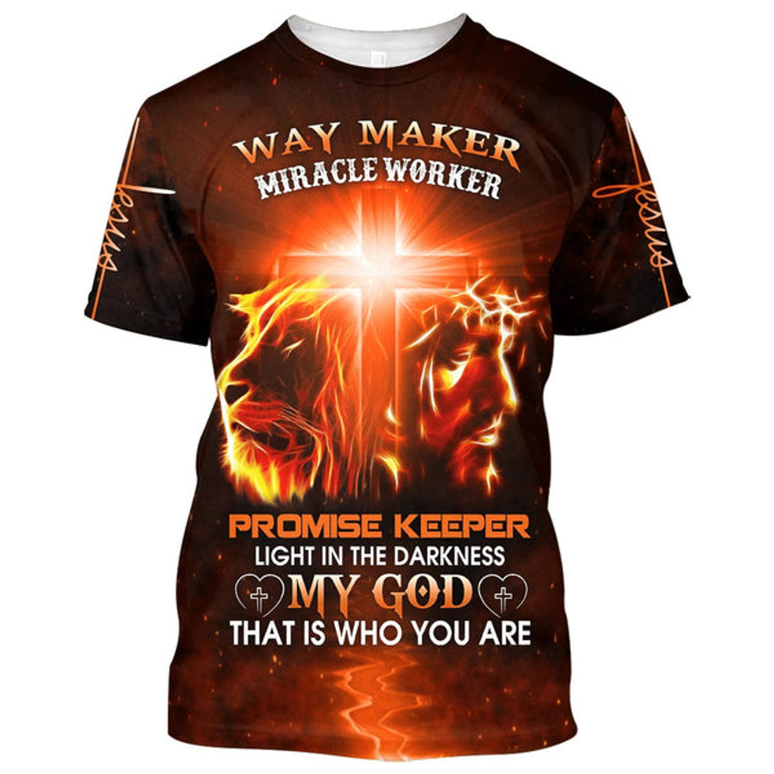 FUNSTUFFPRINT Jesus And Lion Way Maker Miracle Worker Promise Keeper Light Christian 3D T-shirt