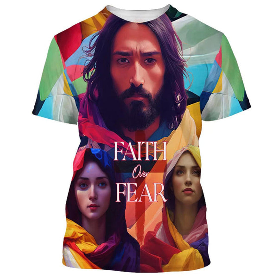 FUNSTUFFPRINT Jesus And Mary Faith Over Fear Christian 3D T-shirt