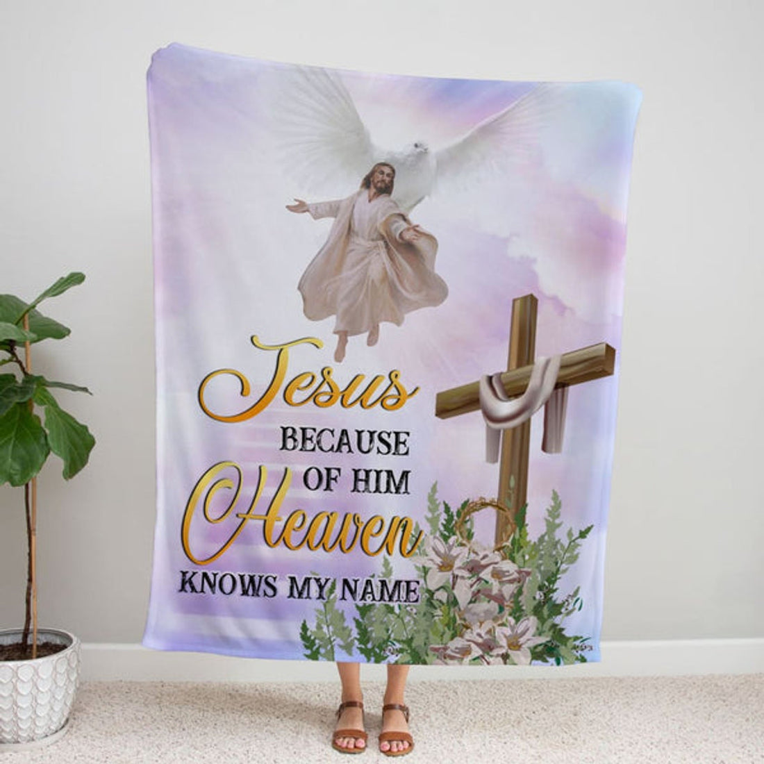 FUNSTUFFPRINT Jesus Because Of Him Heaven Knows My Name 2 Fleece Blanket - Christian Blanket - Bible Verse Blanket