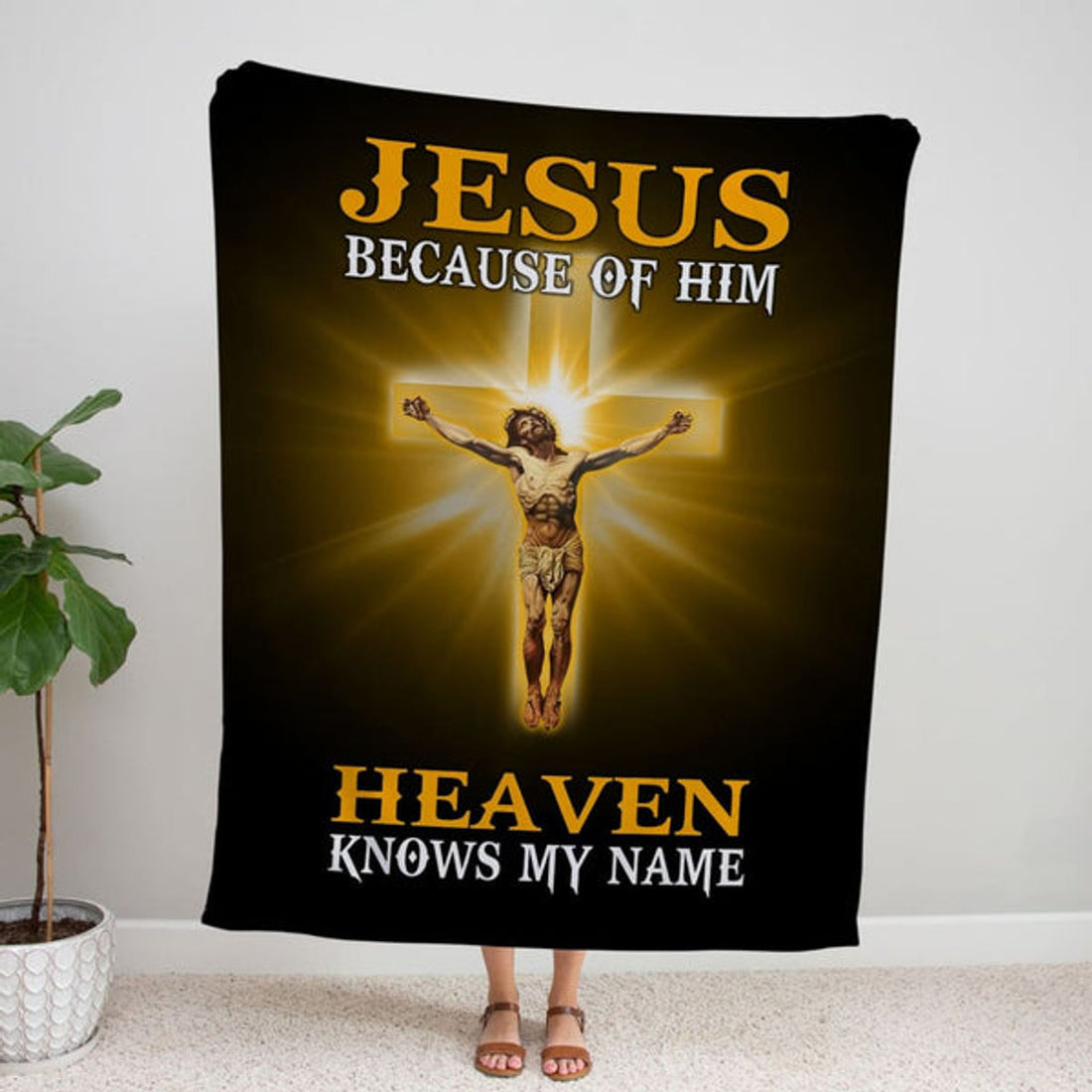 FUNSTUFFPRINT Jesus Because Of Him Heaven Knows My Name Fleece Blanket - Christian Blanket - Bible Verse Blanket