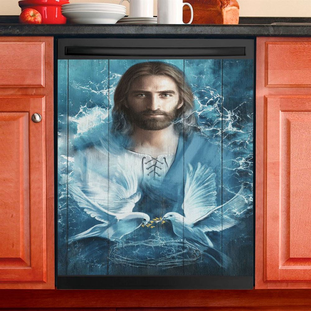 Jesus Bird Couple Blue Water Dishwasher Cover, Jesus Christ Dishwasher Stickers, Christian Kitchen Decor