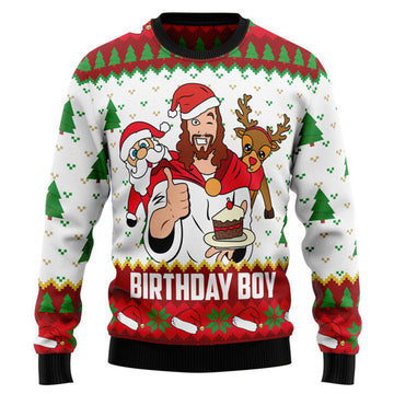 FUNSTUFFPRINT Jesus Birthday Boy Ugly Christmas Sweater - Xmas Gifts For Him Or Her - Christmas Gift For Friends - Jesus Christ Sweater Ugly  Sweater