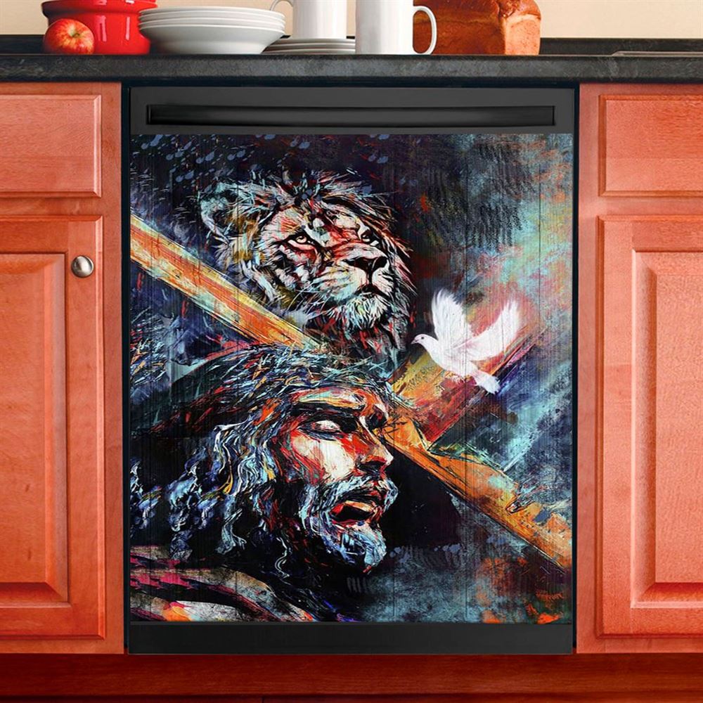 Jesus Carry Cross With Lion Dove Dishwasher Cover, Lion Dishwasher Stickers, Christian Inspirational Kitchen Decor