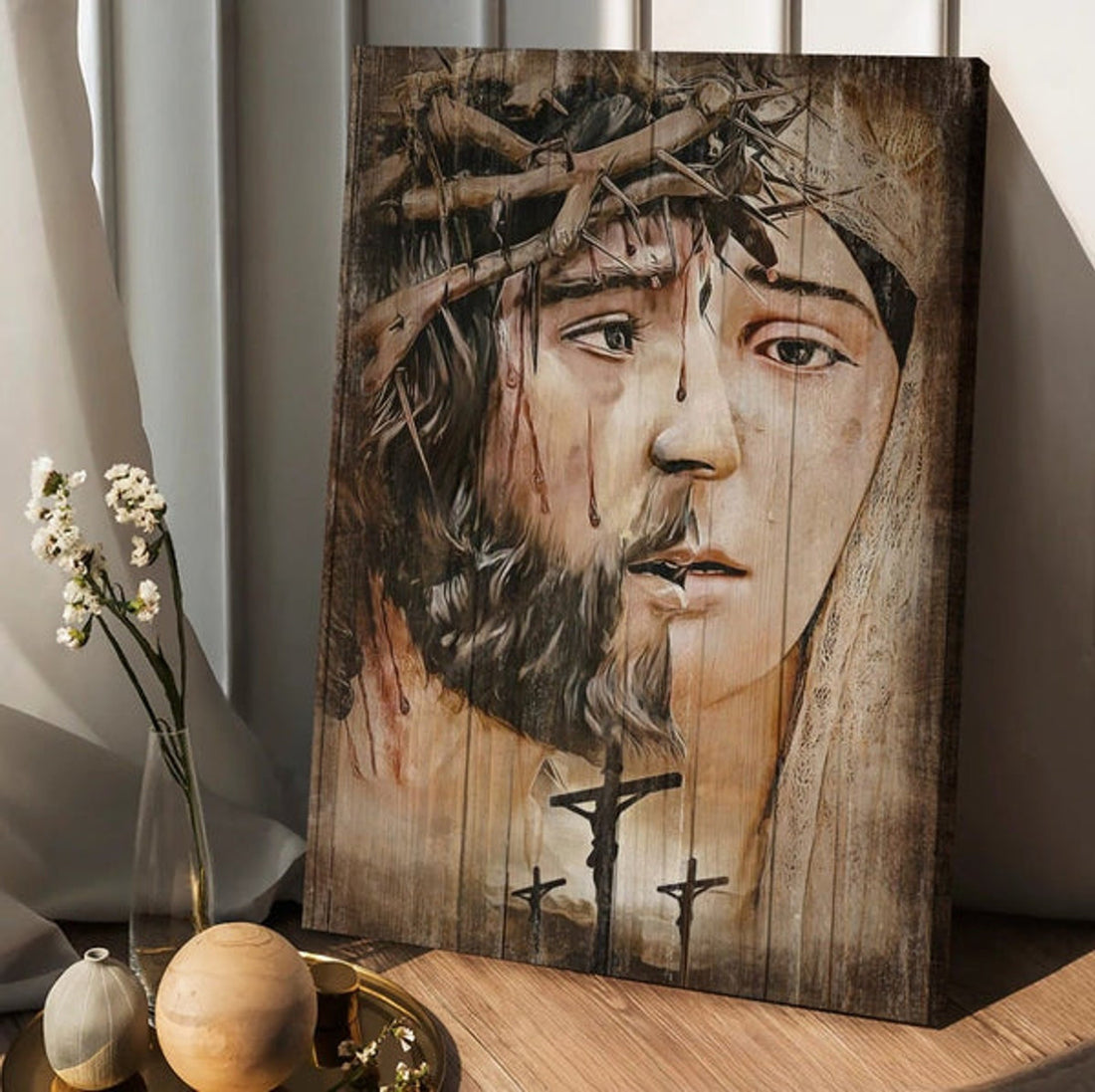 Jesus Christ Virgin Mary Crown Of Thorns Jesus On The Cross Canvas Posters - Christian Wall Posters - Religious Wall Decor
