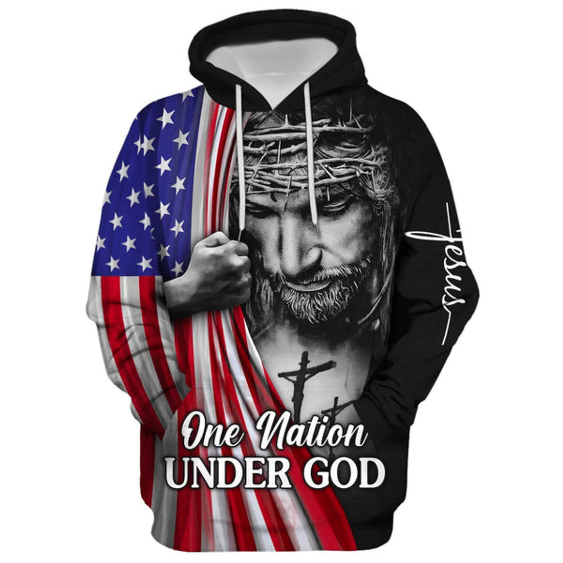 FUNSTUFFPRINT Jesus Christian Flag American - One Nation Under God Hoodie - Men & Women Christian 3D Hoodie and Zip Hoodie