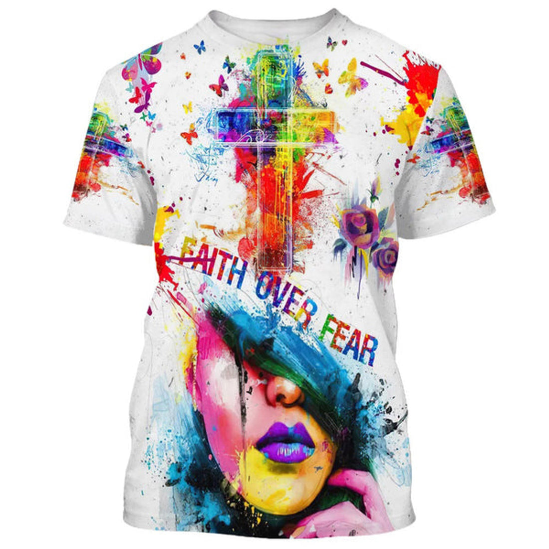 FUNSTUFFPRINT Jesus Cross Faith Over Fear Christian 3D T-shirt