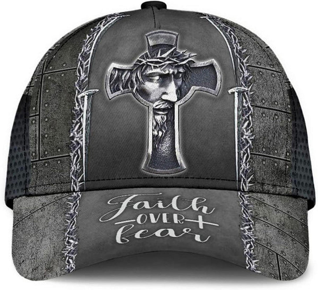 FUNSTUFFPRINT Jesus Cross Faith Over Fear All Over Print Baseball Cap - Christian Hats For Men Women