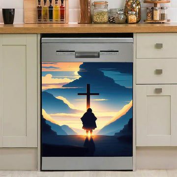 Jesus Cross Front Mountain With Sun Shining It Dishwasher Cover, Religious Dishwasher Stickers, Christian Kitchen Decor