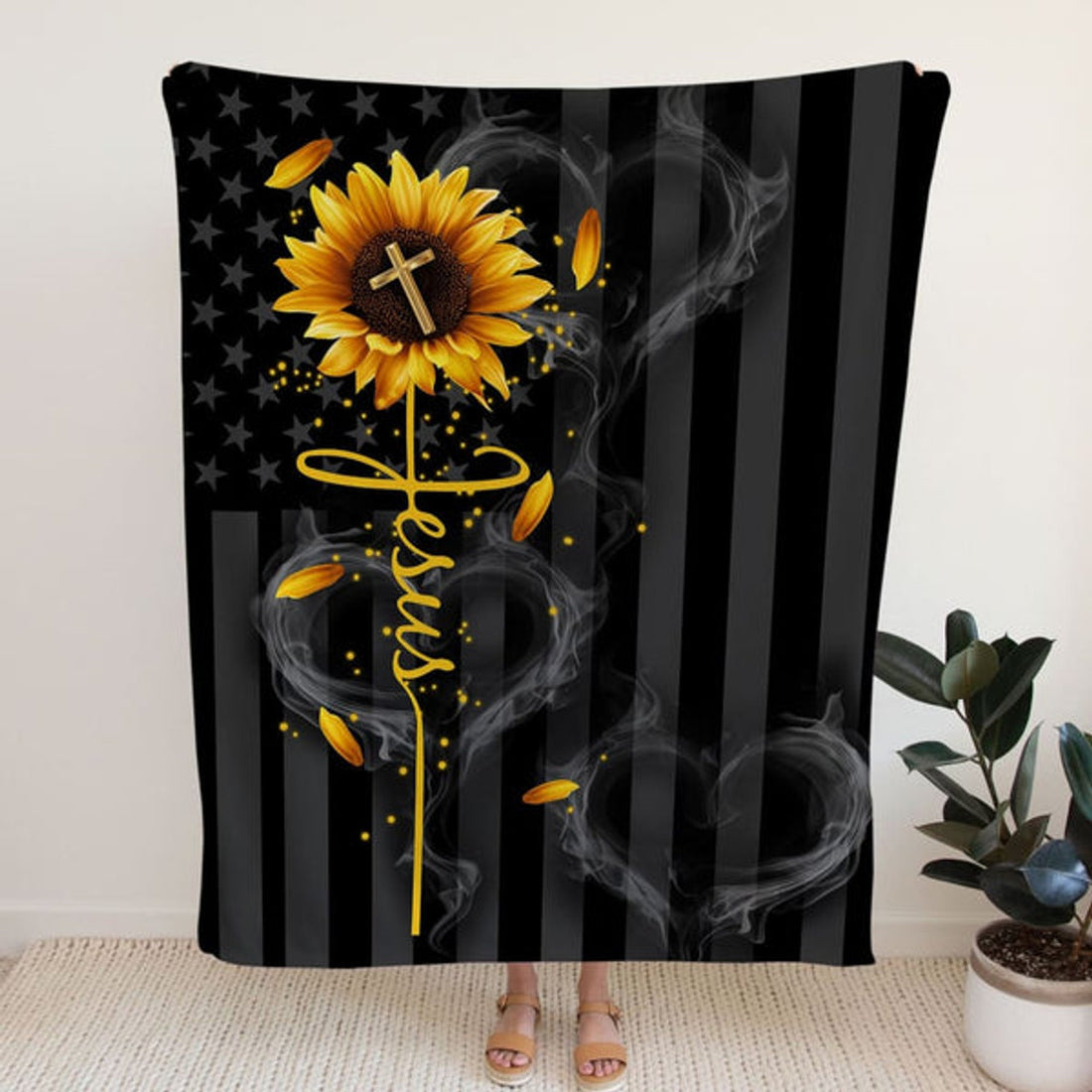 FUNSTUFFPRINT Jesus Cross Sunflower Fleece Blanket - Christian Blanket - Bible Verse Blanket