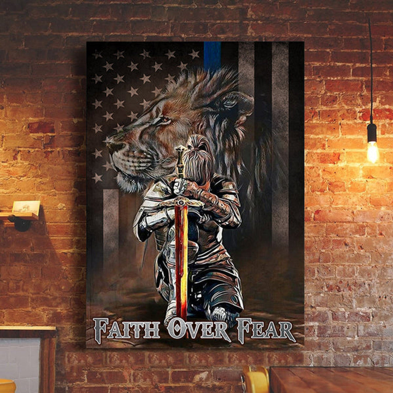 Jesus Faith Over Fear Lion American Flag Canvas Posters - Christian Wall Posters - Religious Wall Decor