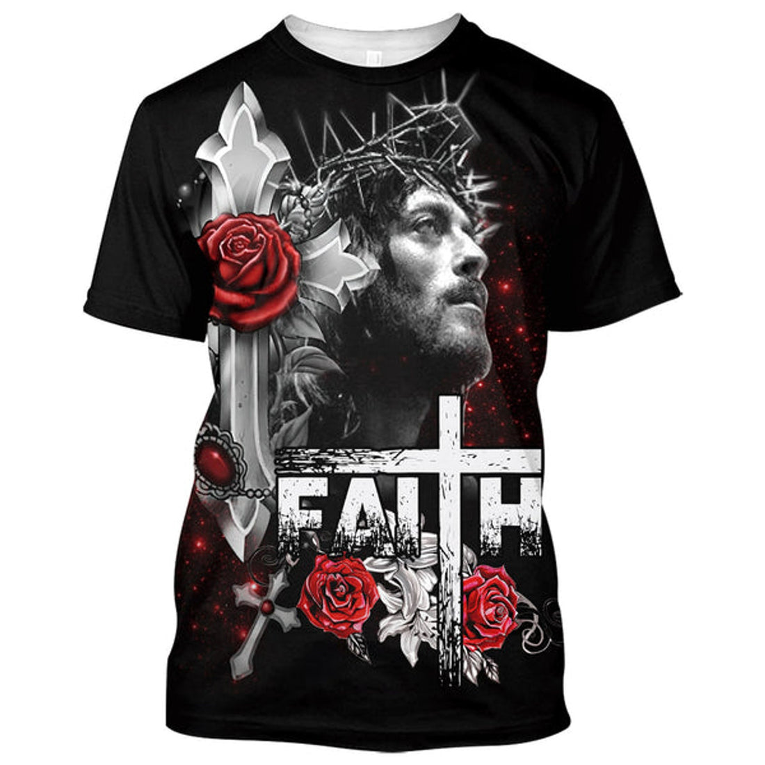 FUNSTUFFPRINT Jesus Faith Roses Cross Christian 3D T-shirt