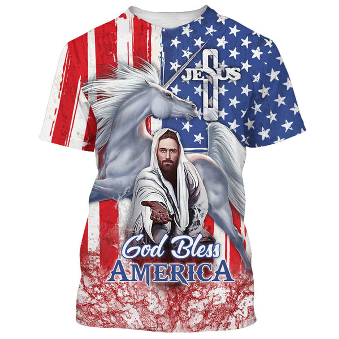 FUNSTUFFPRINT Jesus God Bless America Christian 3D T-shirt