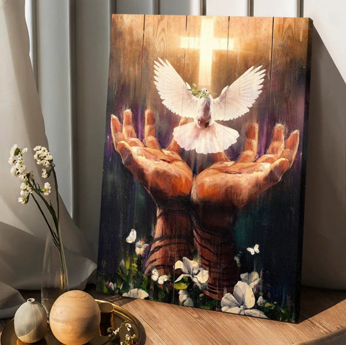Jesus Hand Dove Of Peace Light Cross White Flower Canvas Posters - Christian Wall Posters - Religious Wall Decor