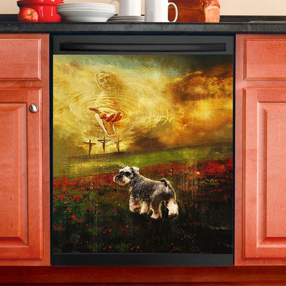 Jesus Hand Schnauzer Flower Field Dishwasher Cover, Christian Dishwasher Stickers, Religious Kitchen Decor