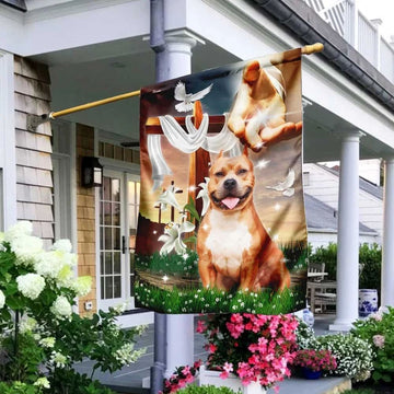 Jesus Hand The Lilies And Dog Pitbull House Flag, Christian Flag, Christian Flag, Scripture Flag, Garden Banner