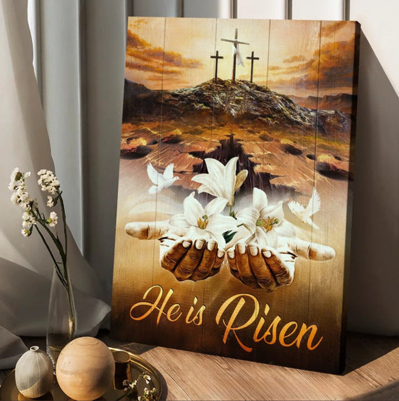 Jesus Hands White Lily Dove Cross He Is Risen Canvas Posters - Christian Wall Posters - Religious Wall Decor