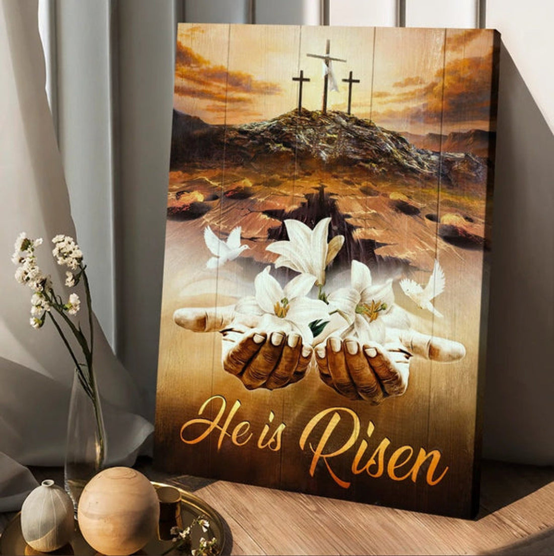 Jesus Hands White Lily Dove Cross He Is Risen Canvas Posters - Christian Wall Posters - Religious Wall Decor