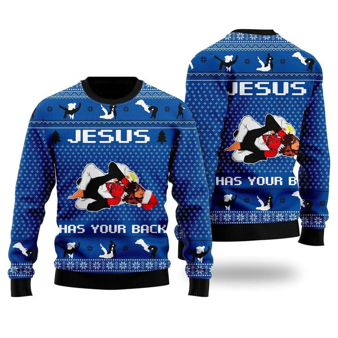 FUNSTUFFPRINT Jesus Has Your Back Jiu Jitsu Ugly Christmas Sweater For Men & Women – Gifts For Christians Ugly  Sweater