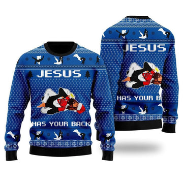 FUNSTUFFPRINT Jesus Has Your Back Jiu Jitsu Ugly Christmas Sweater For Men & Women – Gifts For Christians Ugly  Sweater