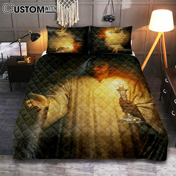 Jesus Holding Candle Quilt Bedding Set Prints - Jesus Christ Quilt Bedding Set Art - Christian Cover Twin Bedding Decor