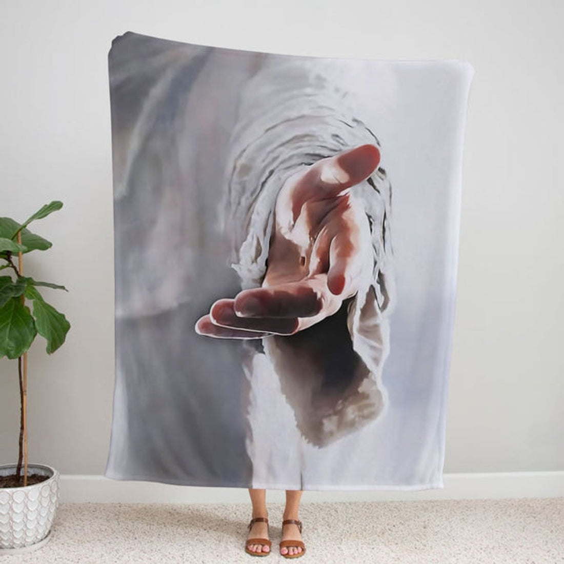 FUNSTUFFPRINT Jesus Holding His Hand Out Fleece Blanket - Christian Blanket - Bible Verse Blanket