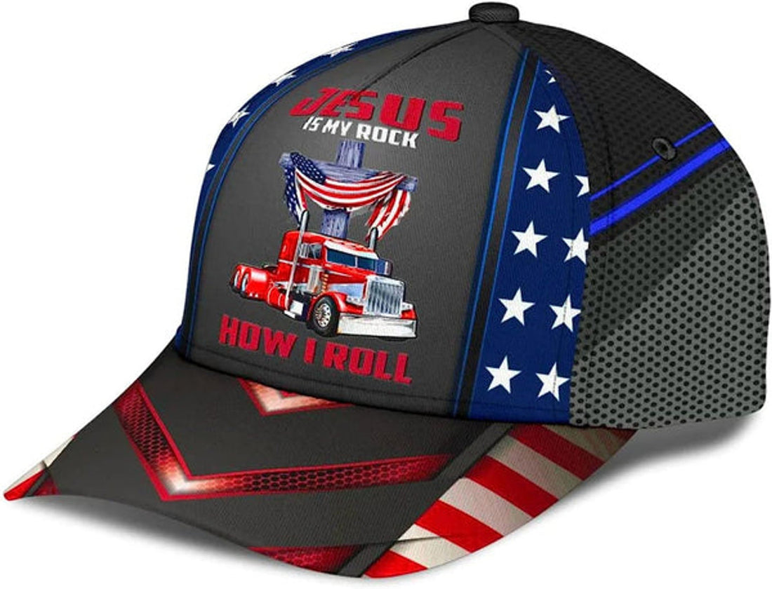 FUNSTUFFPRINT Jesus Is My Rock How I Roll Baseball Cap - Christian Hats for Men and Women