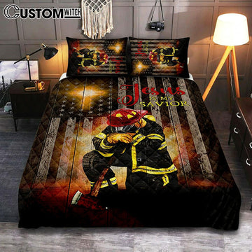 Jesus Is My Savior Firefighter Fireman Bedroom Quilt Bedding Set - Jesus Portrait Quilt Bedding Set Prints - Christian Bedroom