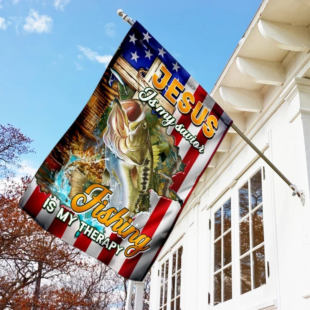 Jesus Is My Savior Fishing Is My Therapy House Flag, Christian Flag, Christian Flag, Scripture Flag, Garden Banner