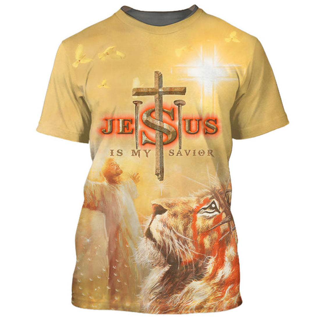 FUNSTUFFPRINT Jesus Is My Savior Shirts - Jesus With His Arms Open Lion Christian 3D T-shirt